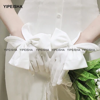 Yipeisha Luvas de Casamento com laço Preto de Marfim Branco de Pulso Comprimento de Noiva, Luvas de Dedo Curto de Acessórios de Casamento