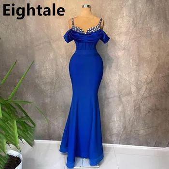 Eightale Royal Blue Mermaid Vestido de Noite para a Festa de Casamento Fora do Ombro Frisado de Cetim com Alças finas, Vestidos de Baile Vestido da Celebridade