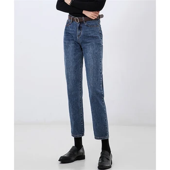 805 Boa Qualidade Reta Jeans Calças Para As Mulheres Do Vintage Simples De Todos-Jogo De Cintura Alta Velo Quente Trecho Do Sexo Feminino Jeans Bermudas