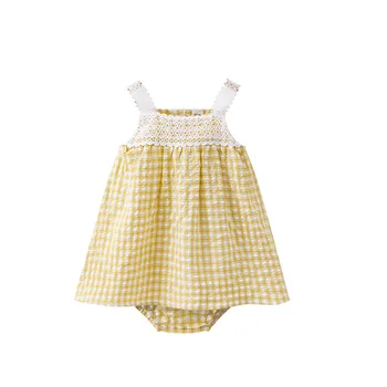 Nova Verão de Bebê de Menina de Vestido de Terno de Suspender a Saia Infantil Xadrez Vestido Bonito Top+Calça Conjunto de Princesa Vestido de Roupa de Bebê