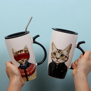 550ml de desenhos animados impresso Gato de copo Caneca de Cerâmica Com Tampa Colher de Café, Chá, Leite, Canecas de Café da manhã Copa Copos de Novidade Presentes