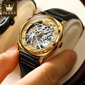 OLEVS Homens Relógio de Luxo Banhado a Ouro Caso Luminosa Impermeável Relógio Mecânico dos Homens de Moda Esqueleto de Discagem Pulseira de Couro Steampunk