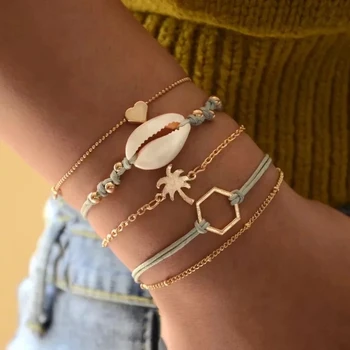 5pcs do pacote creative pulseira para mulheres com corda de tecido shell e da liga de coração /desenho de árvore em misto de cadeias de ligação do braçadeira