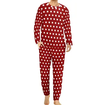Branca De Bolinhas Pijama Diário Vermelho-Escuro De Noite, Pijamas Homem 2 Peça Gráfica De Manga Longa De Moda Oversized Pijama Conjunto