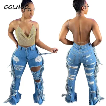 GGLNOO Mulheres Jeans Meados de Cintura Zíper Voar Rasgado Comprimento Total Flare Calças da Moda Feminina de Alto Rua Jeans Verão Calças 2021