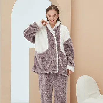 Inverno Feminino, Quente E Confortável, Roupa De Dormir Contraste Thread Coral Do Fleece Pijama Loungewear Espessamento De Veludo, Flanela Macia Homewear