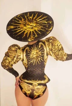 Sol golddess show no palco traje mulheres dj, cantor, dançarino de festa show bodysuit grandes chapéus de desgaste