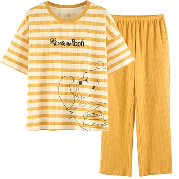 Dos desenhos animados de Disney Winnie the Pooh Bonito Kawaii Pijamas para Mulheres de Verão 2022 Listrado Tops e Pura Calças de Pijama para a Mulher Roupas
