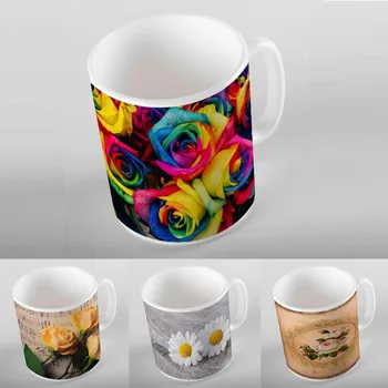 Mais Coloridas Rosas Amarelo Vintage Retro Flores 3D Impressão Digital turcos Modernos de Porcelana Cerâmica de Café de Chá de Leite de Copo Caneca