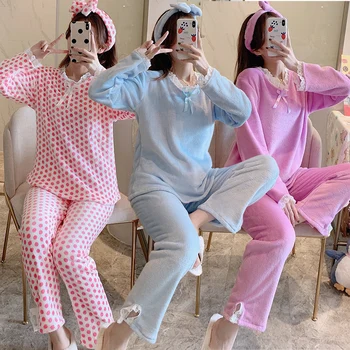 2022 Inverno De Manga Longa, Grossa Quente Pijama De Flanela Conjuntos Mulheres Bonito Laço Coral De Veludo Pijamas Homewear Pijamas Mujer Casa Roupas