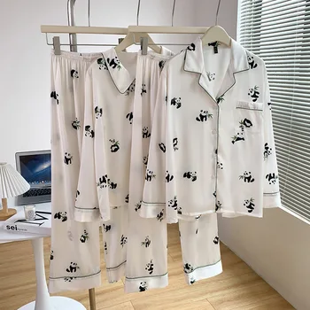 Primavera Sexy Dos Desenhos Animados Do Panda Cetim Estampado Camisa De Manga Longa E Calças De Homewear Pijamas Outono Casal De Mulheres, Homens Rayon Pijama Conjunto
