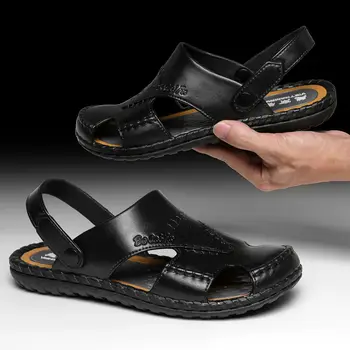 A alta Qualidade dos Homens de Moda de Sandálias Novas Respirável de Dupla utilização Casual de Couro Sandálias de Dedo do pé a Cabeça Trabalho Desportivo Slides Homens