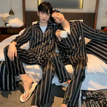 Os amantes de pijamas para homens e mulheres de idade temporada fina homens de lazer de seda de manga comprida, terno para jovens estudantes